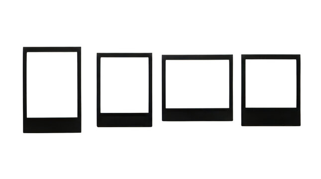 Four black empty instant photo frames isolated on transparent background