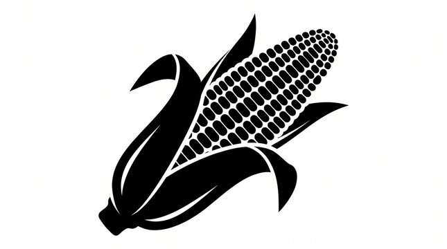 Black silhouette illustration of a single ear of corn with graphic design