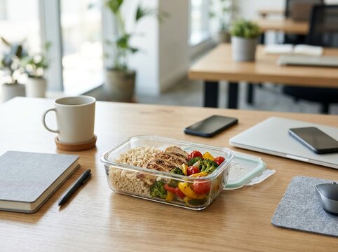 Healthy meal prep lunch on office wooden desk