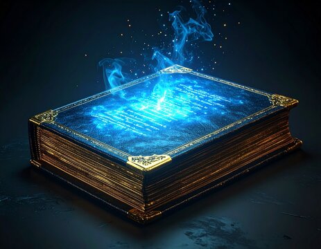 Isolated 3D Open Ancient Arcane Spellbook with Glowing Pages