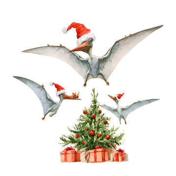 Three pterodactyls wearing Santa hats fly around a Christmas tree with presents