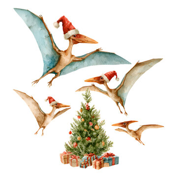 Christmas pterodactyls wearing Santa hats flying around a decorated tree and gifts