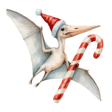 Cute pterodactyl wearing a santa hat holding a candy cane for christmas