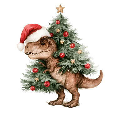 Cute t rex dinosaur wearing santa hat decorated as christmas tree for holidays