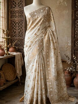 Bangladeshi traditional white and gold jamdani saree with zari floral work draped on mannequin in ethnic boutique interior