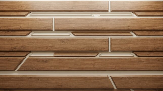 Geometric wooden wall paneling with staggered planks of warm brown oak and recessed white gaps creating a3d architectural surface texture pattern