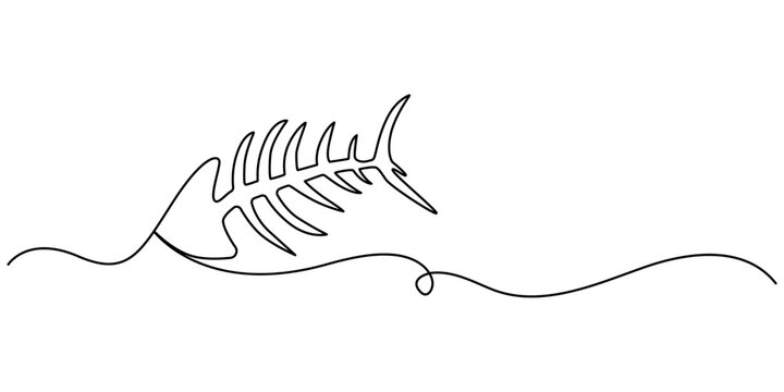 Continuous line drawing of fish skeleton or bone fish. Vector illustration as line art outline wallpaper for minimal poster, template, banner, Fish bone continuous line drawing, tattoo. 