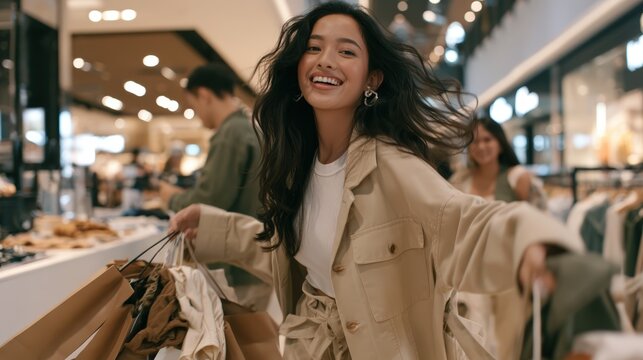 Cheerful Young Indonesian Woman Shopping for Fashion in Contemporary Clothing Boutique