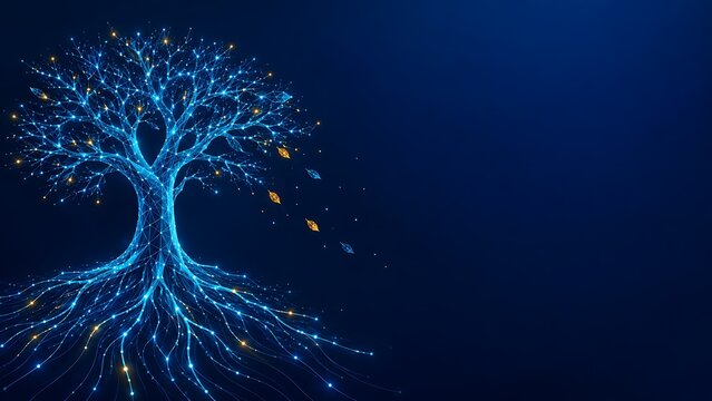 Glowing digital tree with intricate root system in a dark background. autumn with technology hologram futuristic particle wireframe artificial. autumn with technology