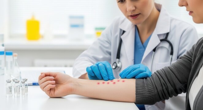 Doctor performs allergy skin prick test on patient's arm for diagnosis of allergies and skin conditions in a medical clinic.
