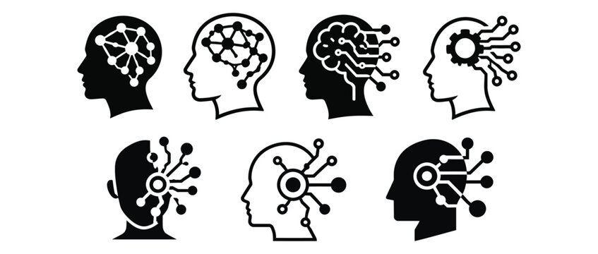Set of black and white artificial intelligence human brain profile icons featuring circuit board patterns and neural network nodes tech icon AI design digital mind machine lear