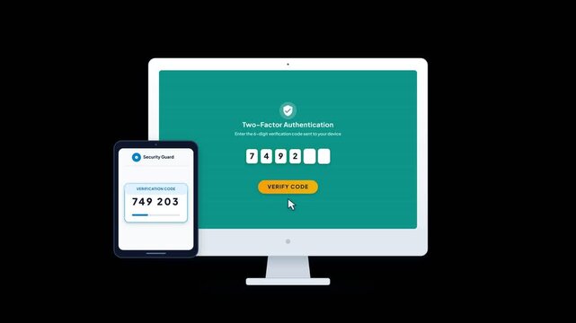 Modern digital interface on a computer monitor and smartphone displaying a two-factor authentication verification code, representing multi-factor security for online banking login and data privacy.