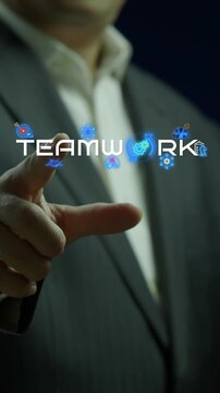 Businessman pointing forward vertical shot beside glowing teamwork text and connected staff avatars. Organizational employee collaboration, corporate unity synergy, and partnership vision concept.