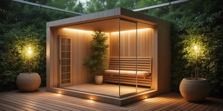 Calming ambiance with warm lighting and soft textures in a serene infrared sauna room surrounded by lush greenery
