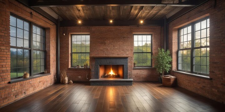 Cozy Darkroom with brick fireplace wall and large windows, dark room, brick fireplace