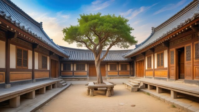 Ancient Korean wooden courtyard surrounded by stone walls and a single small tree standing tall, korean confucian academy, eastern dormitory