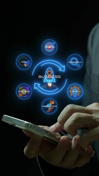 Businessman holding smartphone vertical shot with glowing rocket launch and business text hub. Rapid commercial startup expansion, corporate mission acceleration, and project growth idea concept.