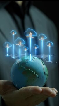 Businessman hand holding world globe vertical shot below glowing cloud computing data server nodes. Global telecommunication network infrastructure, worldwide information sync, and system concept.