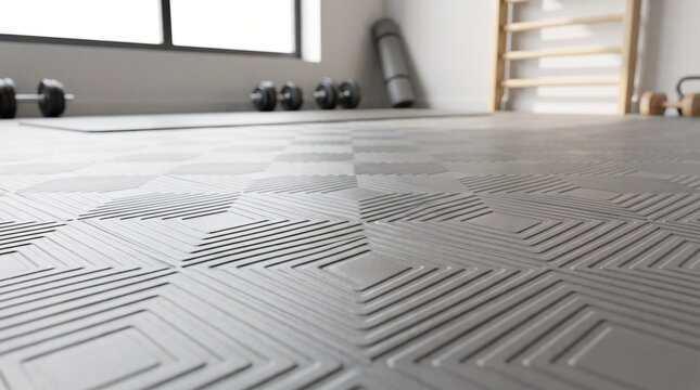 Grey textured rubber floor mat with geometric square pattern, interlocking cushioned fitness flooring surface in close up view, stretching across room foreground, in blurred home workout gym interior