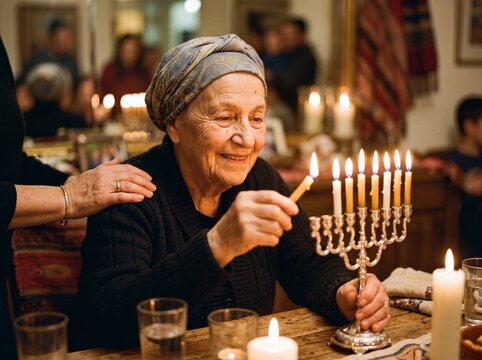 Elderly Jewish woman lighting the menorah during Hanukkah celebration at home with family