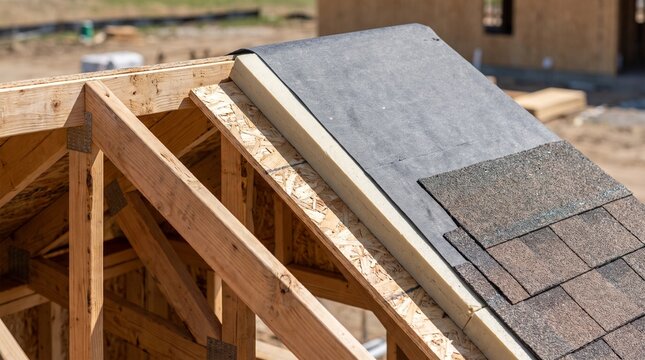 Wooden roof truss frame, with foam insulation board and asphalt shingles, resting under installation phase, on residential building site, construction engineering photography