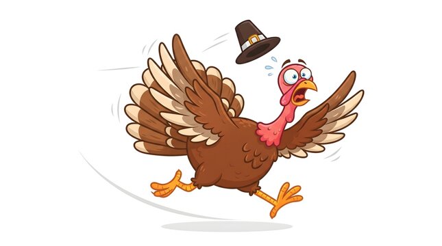 Panicked cartoon turkey running fast and losing his pilgrim hat with panicked thanksgiving frightened expression