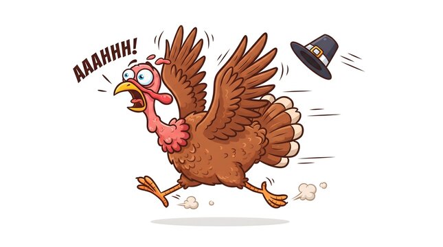 Cartoon turkey running away in fear losing its pilgrim hat with thanksgiving frightened character illustration