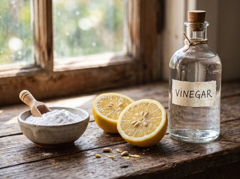 Natural Household Cleaning Solution with White Vinegar, Baking Soda and Lemon