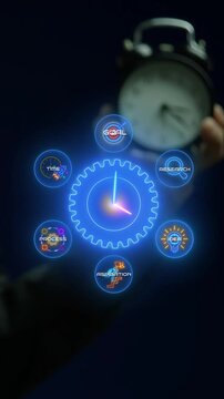 Businessman holding vintage alarm clock vertical shot beside glowing digital clock face node. Effective corporate time management, punctuality deadline planning, and business productivity concept.