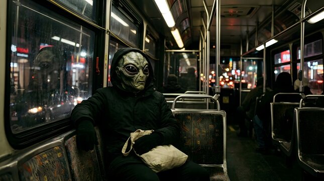Person in alien mask riding public bus through city at night
