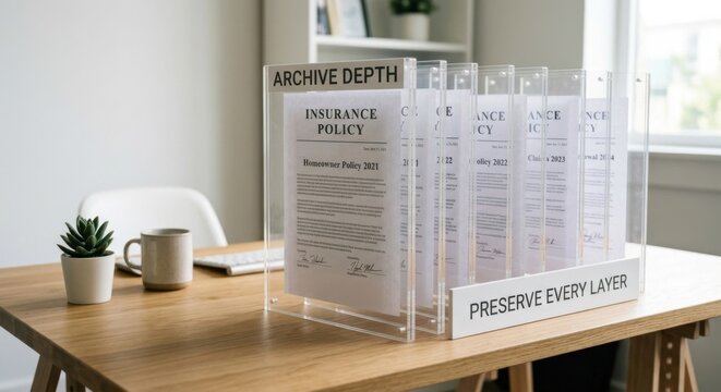Archive Depth display of insurance policy documents in transparent holders on a desk