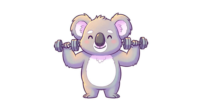 Cute cartoon koala character lifting heavy dumbbells illustration.