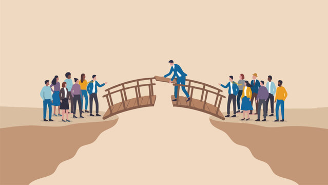 Businessman placing a wooden plank to repair a broken bridge between two groups of people