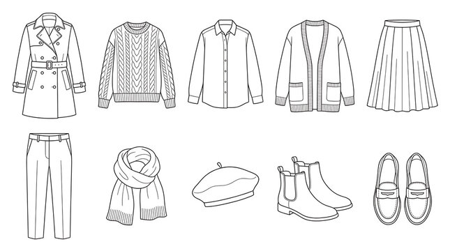 Monochrome autumn wardrobe collection vector icons isolated on transparent background outline