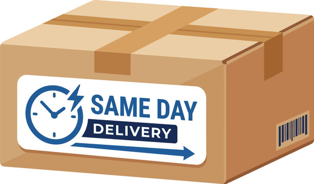 Cardboard shipping box with same day delivery label icon.