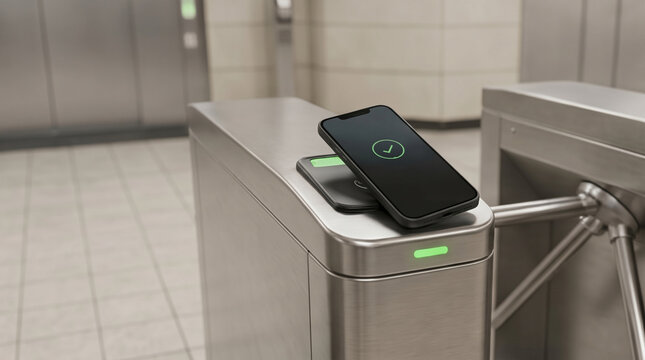 Contactless smartphone payment at modern transit turnstile