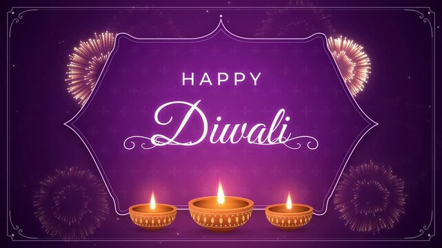 Happy Diwali text in ornate purple frame with golden fireworks bursting and three clay diyas lighting up, festive greeting
