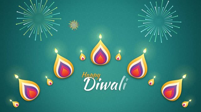 Happy Diwali flat diya lamps arranged in arch on teal background, flames lighting and fireworks bursting, festival greeting