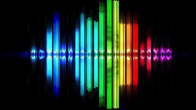 Vivid rainbow audio spectrum bars in horizontal band on black background, bright music seamless VJ loop