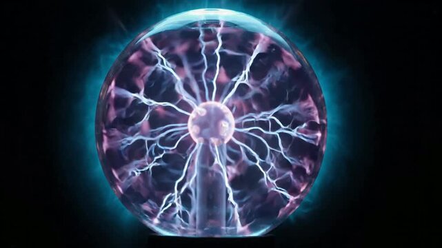 Electric Plasma Globe Discharging Purple and Blue Energy Arcs Static Macro Shot Against Dark Background