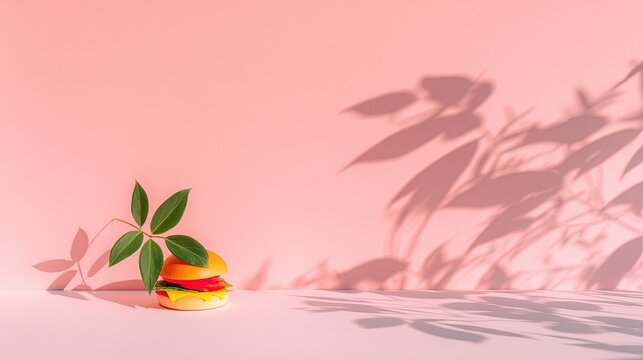 Small hamburger with green leaves standing on a pastel pink surface under plant shadows