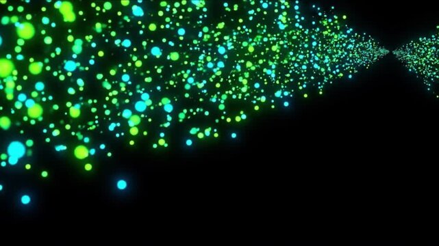 黒背景の宇宙空間に浮かぶ量子ドットとシナプス粒子が発光しながら収束するCGループ動画背景