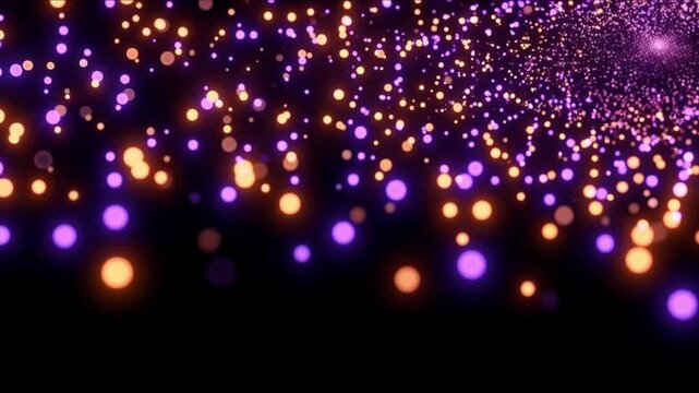 黒背景の宇宙空間に浮かぶ量子ドットとシナプス粒子が発光しながら右上へ収束するCGループ動画背景