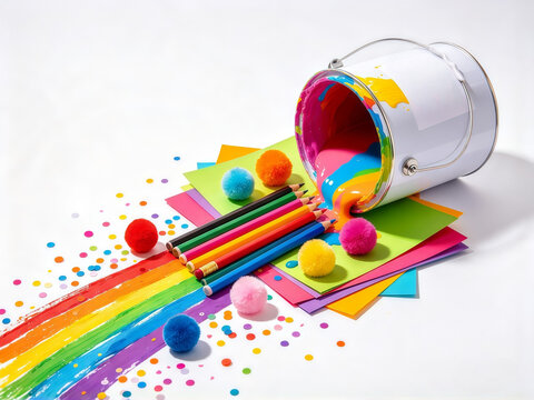 Rainbow paint spilling out of white paint can onto colorful pencils pom poms and paper sheets with painted rainbow track