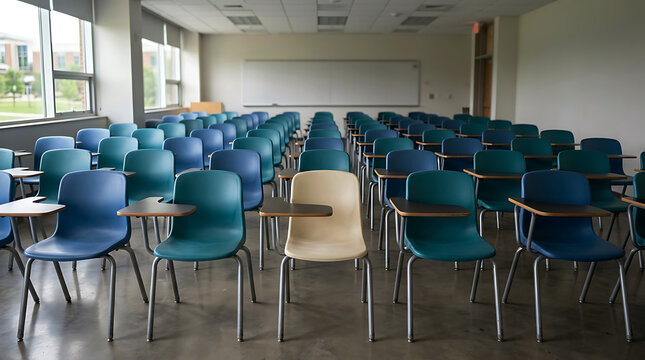 Empty modern university lecture hall with rows of colorful student desks and chairs