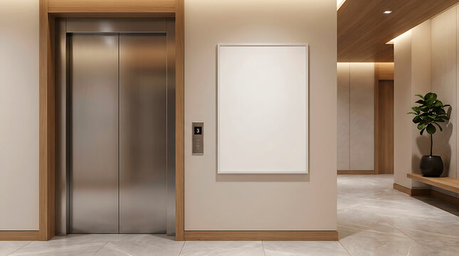 Modern hotel lobby elevator interior with blank poster mockup and marble floor