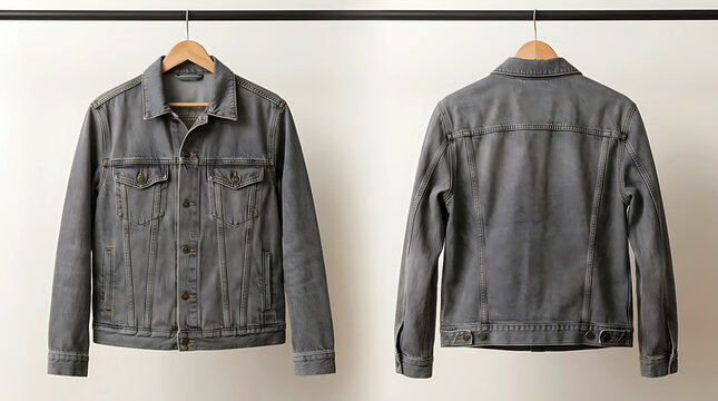 Front and back view of a grey denim jacket hanging on a rack against white