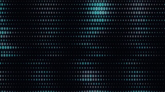 Glowing LED dot matrix pulses in shifting cyan and white waves on dark background