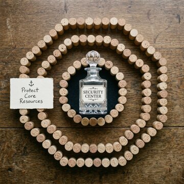 Security Center Bottle with Protect Core Resources Message Surrounded by Corks on Wood