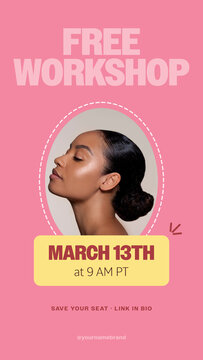 Bloom Design Story / Pink Workshop Announcement With Portrait Cutout and Rounded Date Card for Social Media Events / Vertical / Part 04